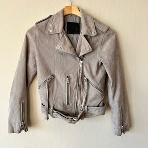 All Saints Women's Gray PLAIT BALFERN Suede Leather Biker Jacket 2